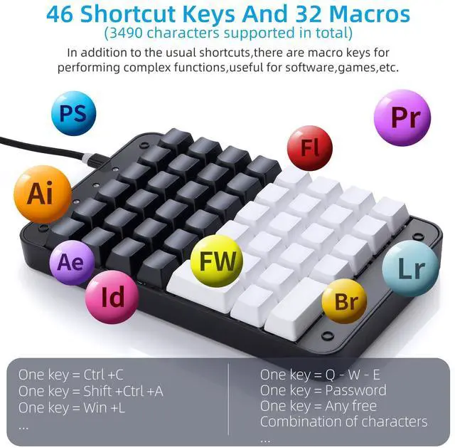 Alt view image 3 of 5 - Koolertron One Handed Mechanical Gaming Keyboard with 32 Macro Keys, 46-Key Fully Programmable Mini Keypad, Mini USB Macro Keyboard for PC Gamers