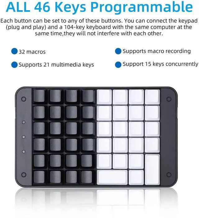 Alt view image 4 of 5 - Koolertron One Handed Mechanical Gaming Keyboard with 32 Macro Keys, 46-Key Fully Programmable Mini Keypad, Mini USB Macro Keyboard for PC Gamers
