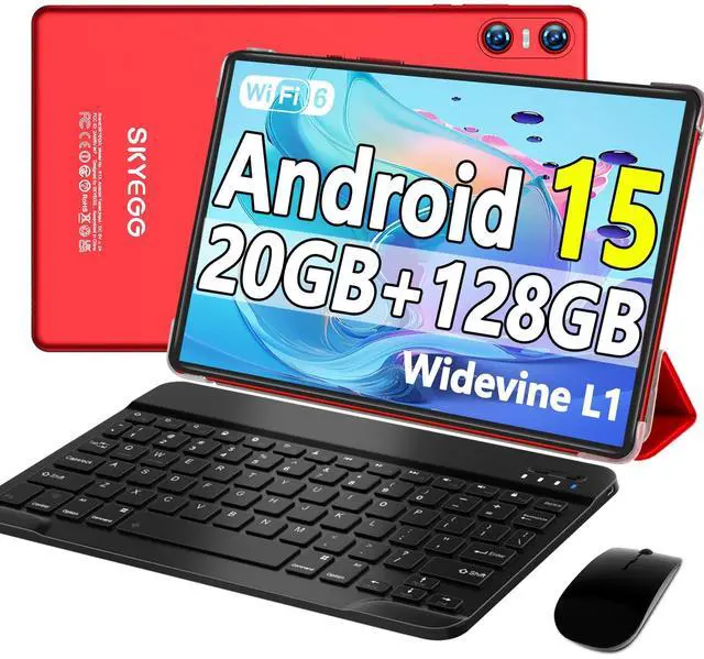 Main image of SKYEGG Android 15 Tablet with Keyboard Mouse, 20GB RAM + 128GB ROM (Expand to 1TB), 10.1 Inch Octa-Core Tablets with WiFi 6, Dual Camera, 1280x800 IPS Display, 6000mAh Battery, Widevine L1 - Red