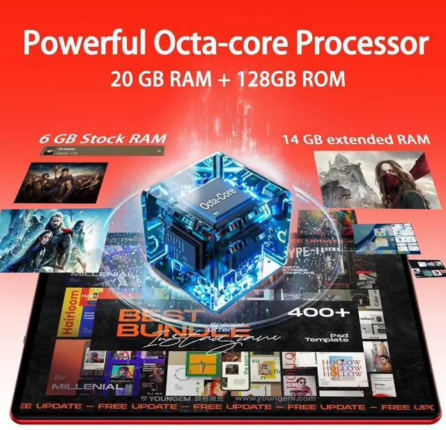 Alt view image 3 of 5 - SKYEGG Android 15 Tablet with Keyboard Mouse, 20GB RAM + 128GB ROM (Expand to 1TB), 10.1 Inch Octa-Core Tablets with WiFi 6, Dual Camera, 1280x800 IPS Display, 6000mAh Battery, Widevine L1 - Red