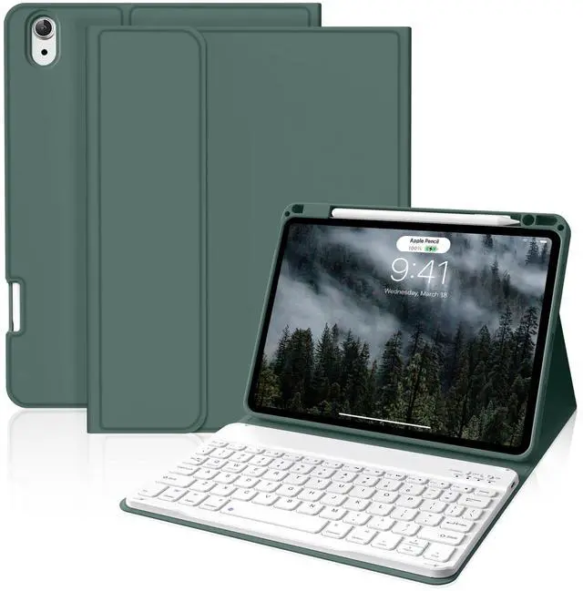Main image of BQDIYOO Case for iPad Air 7th/6th 11-inch M3/M2 (2025/2024), iPad Air 5th/4th Generation 10.9 inch 2022/2020, Stand Folio Detachable Wireless Keyboard Soft TPU Cover with Pencil Holder, Dark Green