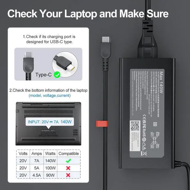 Alt view image 3 of 5 - Dzytnsy Slim 140W USB Type C Laptop Charger Compatible with Legion Pro 5 5i 7 7i,IdeaPad Pro 5,Legion 9,Yoga 9i Pro 7 9,ADL140YDC3A ADL140YLC3A AC Power Adapter