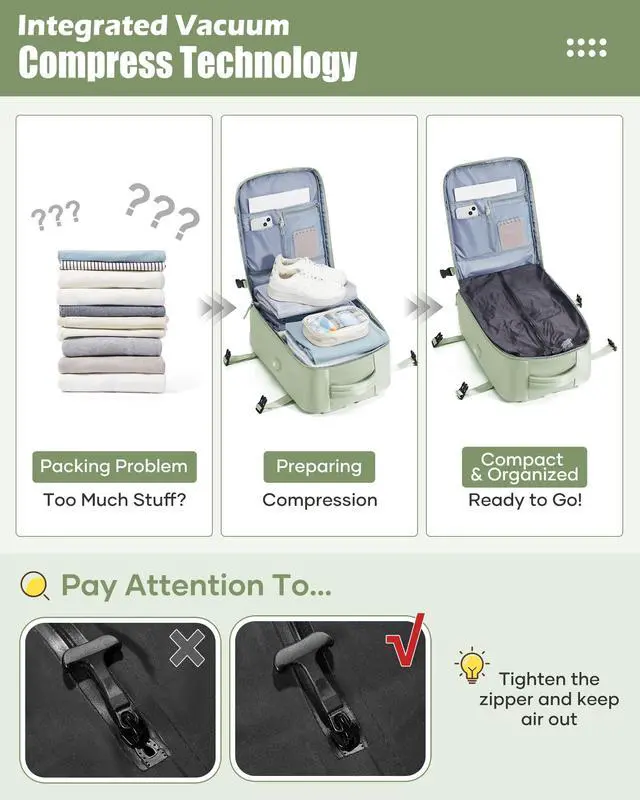 Alt view image 3 of 5 - suradar Vacuum Travel Backpack with Pump Vacuum Compression Seal Vacpack Air Backpack Laptop Backpack for Women Men Carry on Backpack Personal Item Travel Bag Luggage Flight Approved Mint Green