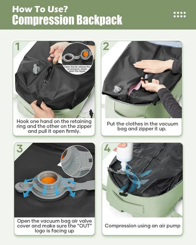 Alt view image 4 of 5 - suradar Vacuum Travel Backpack with Pump Vacuum Compression Seal Vacpack Air Backpack Laptop Backpack for Women Men Carry on Backpack Personal Item Travel Bag Luggage Flight Approved Mint Green