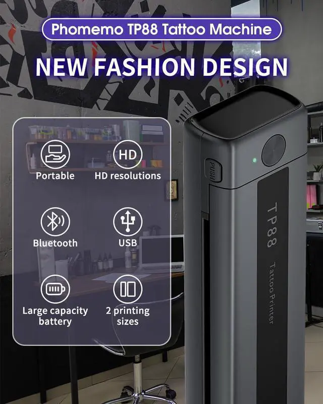 Alt view image 2 of 5 - Phomemo TP88 Tattoo Transfer Stencil Printer- Thermal Tattoo Printer with 10pcs Transfer Paper, Bluetooth Tattoo Machine for Tattoo Artists, Compatible with Smartphone & PC