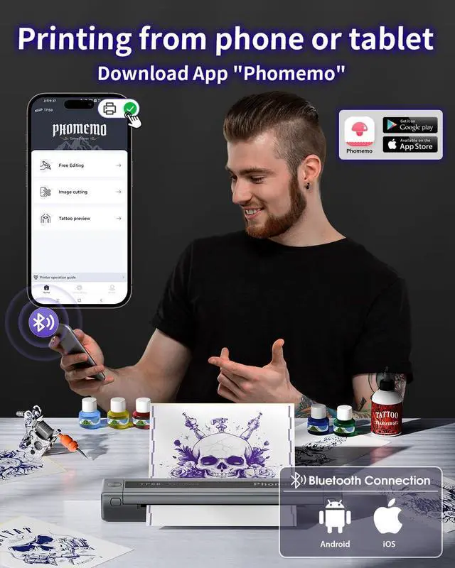 Alt view image 3 of 5 - Phomemo TP88 Tattoo Transfer Stencil Printer- Thermal Tattoo Printer with 10pcs Transfer Paper, Bluetooth Tattoo Machine for Tattoo Artists, Compatible with Smartphone & PC