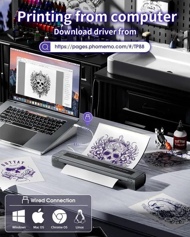 Alt view image 5 of 5 - Phomemo TP88 Tattoo Transfer Stencil Printer- Thermal Tattoo Printer with 10pcs Transfer Paper, Bluetooth Tattoo Machine for Tattoo Artists, Compatible with Smartphone & PC