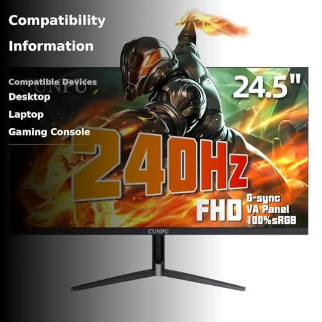 Alt view image 3 of 5 - CUNPU 24 Inch 240Hz Gaming Monitor, 1080p FHD, Fast VA Panel, 1ms Adaptive Sync, Ultra Slim Frame, 16.7M Colors, sRGB 100%, HDMI 2.1 & DP 1.4, VESA, Eye Care, for PS5, Xbox, Gaming Computer Monitor