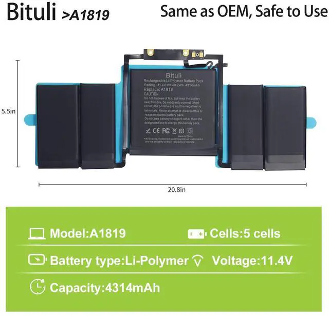 Alt view image 2 of 5 - Bituli A1706 A1819 Battery Replacement Laptop Battery Compatible with Mac Book Pro 13 inch [Late 2016 Year, Mid 2017 Year], EMC 3071 3163 [11.41V/4320mAh]