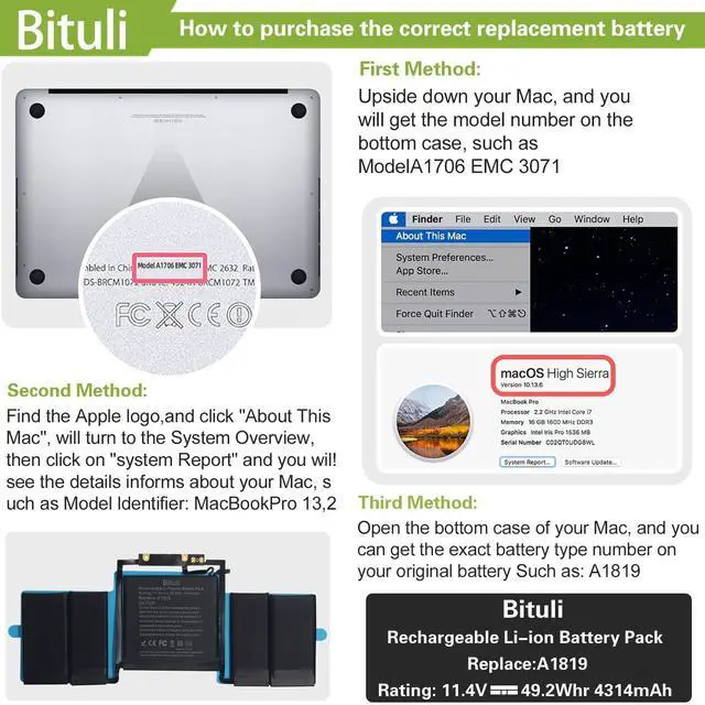 Alt view image 4 of 5 - Bituli A1706 A1819 Battery Replacement Laptop Battery Compatible with Mac Book Pro 13 inch [Late 2016 Year, Mid 2017 Year], EMC 3071 3163 [11.41V/4320mAh]