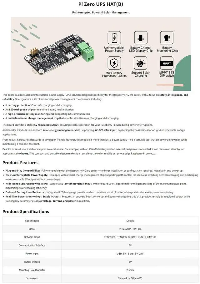 Alt view image 5 of 5 - Uninterruptible Power Supply HAT for Raspberry Pi Zero Series, 5V Stable Output, Solar Charging (5V24V), Ba-ttery Monitoring via I2C,Low-Power UPS Expansion Board