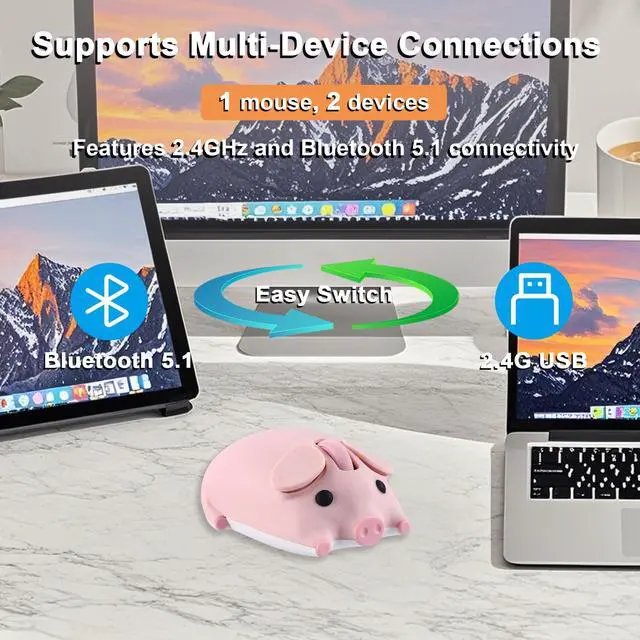 Alt view image 3 of 5 - Wireless Bluetooth Mouse Cute Animal Pig Shape 2.4G & Bluetooth Dual Mode Computer Mice with USB Receiver Portable Compact 1200DPI Optical Cordless Mouse for Laptop iPad PC Chromebook Kids Gift (Pink)