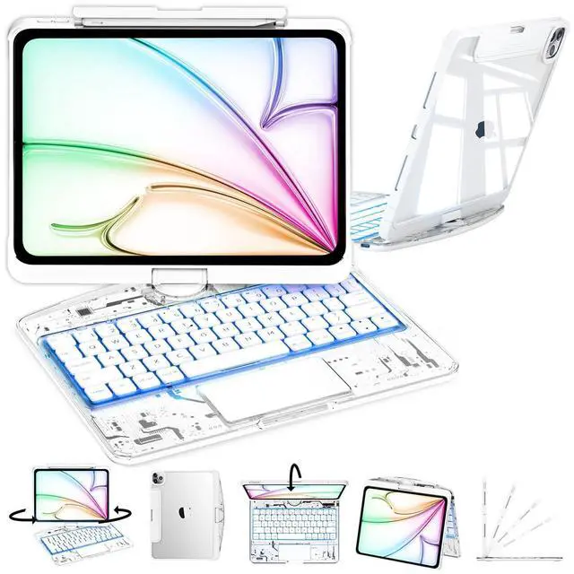 Main image of iPad Keyboard Case,for 2022 iPad 10th Generation 10.9-inch and 11th Generation 11-inch(A16,2025) Transparent Keyboard case Featuring RGB backlighting, 360° Rotating trackpad, and Stylus Slot,White