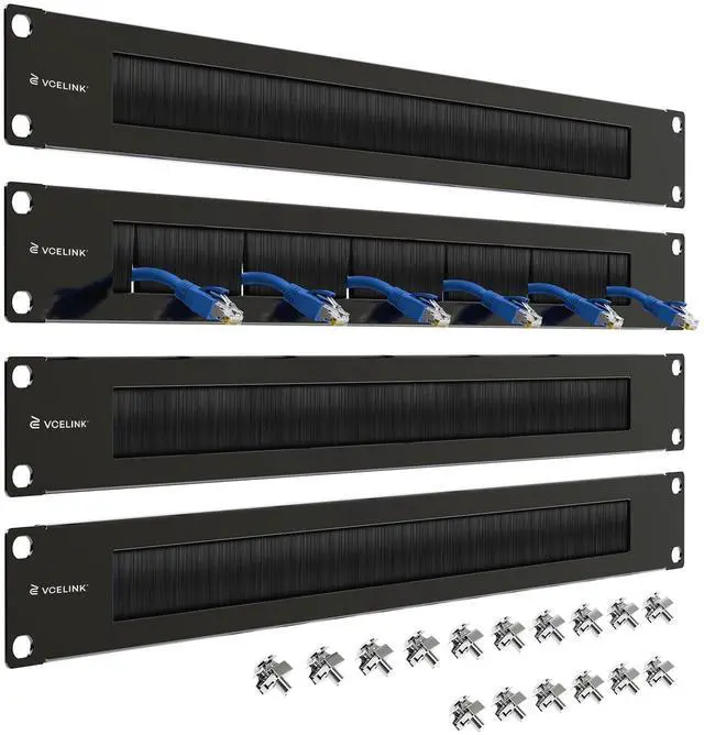 Main image of VCELINK (4-Pack) 1U Brush Rack Cable Management, 19-inch Metal Brush Patch Panel for Server Rack or Network Cabinet, Black