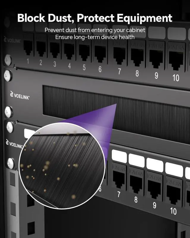 Alt view image 3 of 5 - VCELINK (4-Pack) 1U Brush Rack Cable Management, 19-inch Metal Brush Patch Panel for Server Rack or Network Cabinet, Black