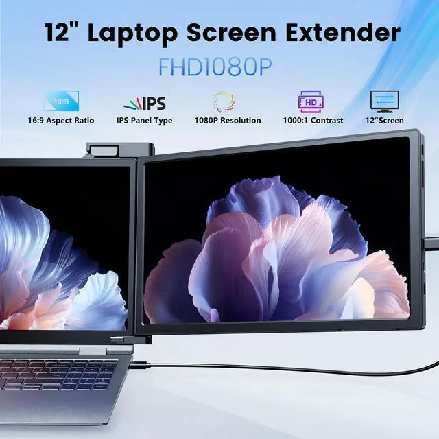 Alt view image 2 of 5 - 12'' Laptop Screen Extender, 1080P FHD Portable Monitor Extender for 13"-16" Laptop with USB-C/HDMI Port, Plug and Play, for Mac/Windows/Android, Triple Screen Ideal for Remote Work & Multitasking