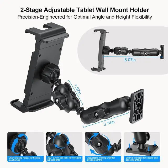 Alt view image 3 of 5 - PLDHPRO Tablet Mount for Truck, Heavy Duty Drill Base Tablet Holder for Car Dashboard, Adjustable 2-Stage Stand Compatible with iPad, Galaxy Tab/Z Fold, 5.1-15.6'' Phone Tab for Wall, Vehicle, Boat