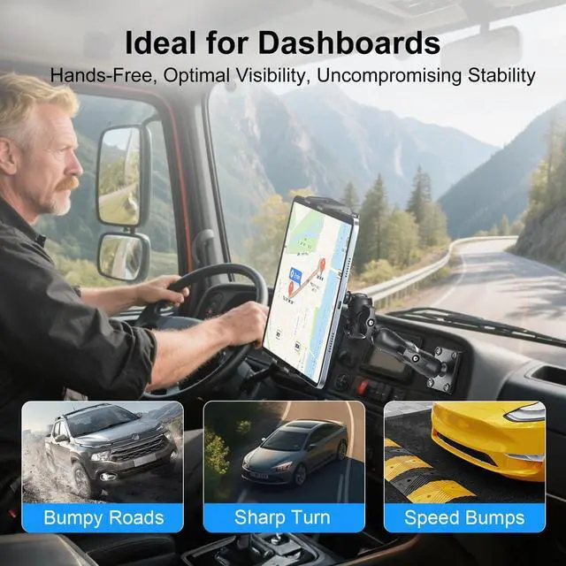 Alt view image 2 of 5 - PLDHPRO Tablet Mount for Truck, Heavy Duty Drill Base Tablet Holder for Car Dashboard, Adjustable 2-Stage Stand Compatible with iPad, Galaxy Tab/Z Fold, 5.1-15.6'' Phone Tab for Wall, Vehicle, Boat