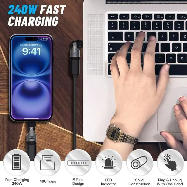 Alt view image 4 of 5 - Yossos USB C to C Magnetic Adapter 240W[4 Pack] 90 Degree L Type C Magnetic Charging Cable Right Angle 180 & 360 Degree Rotating Connector Tips for Phone 1Pad Samsung LG Google