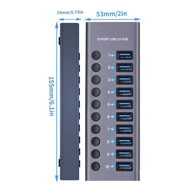 Alt view image 5 of 5 - MaxLax 10 Port Aluminum USB 3.0 hub with 10 Port USB Data Transfer,Power Adapter USB Splitter Independent Switch