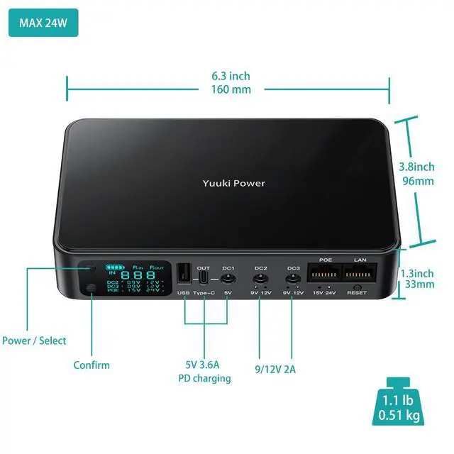 Alt view image 3 of 5 - Yuuki Power Mini UPS for Router CCTV 18000mAh(66Wh) 12V/2A DC UPS Battery Backup USB 5V/3.6A