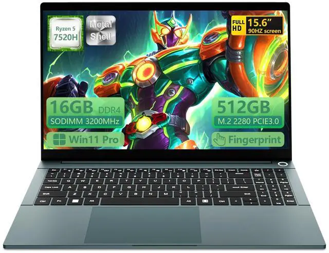 Main image of 15.6 inch Gaming Laptop,with 16GB RAM,512GB SSD,R5 7520H Processor (Up to 4.2GHz), 1920 x 1080 Display, Wi-Fi 5, Bluetooth 4.2, HDMI Port x1,90hz for screen,A/D Metal shell,Backlit Keyboard,Win11 Pro