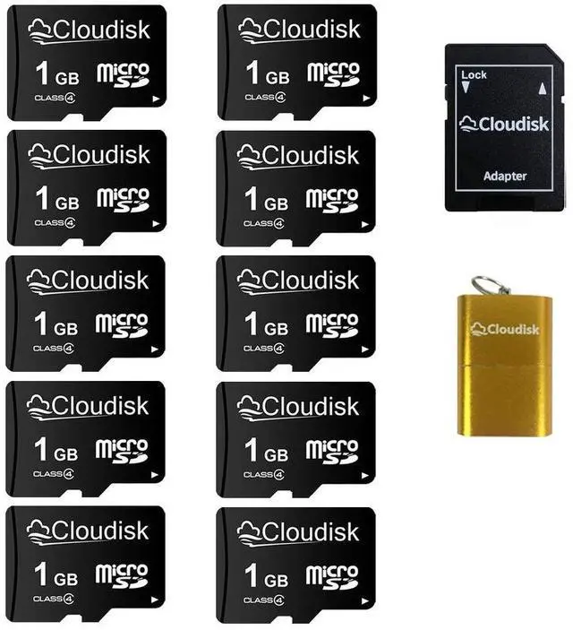 Main image of Cloudisk Pack of 10 Micro SD Card 1GB Flash Memory Card C4 with SD Adapter, Card Reader (1GB)
