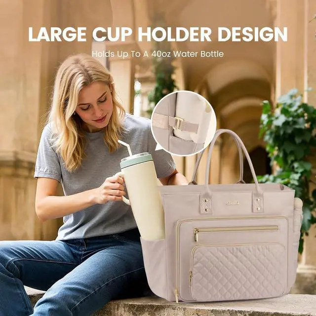 Alt view image 5 of 5 - LOVEVOOK Teacher Tote Bag for Women Work, Laptop Bag With Large Cup Holder, Nurse Bags Professional Briefcase Business Computer Purses Handbag,Light Pink,15.6 Inch