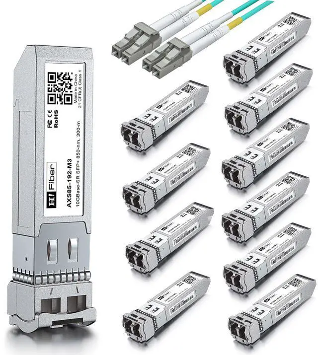 Main image of 10 Pack 10G MultiMode SFP+ LC Module with 2m OM3 LC to LC Fiber Patch Cable, 10GBase-SR SFP+ Fiber Transceiver, MMF 850nm, 300m, DDM, Compatible with Cisco SFP-10G-SR, Meraki, Ubiquiti