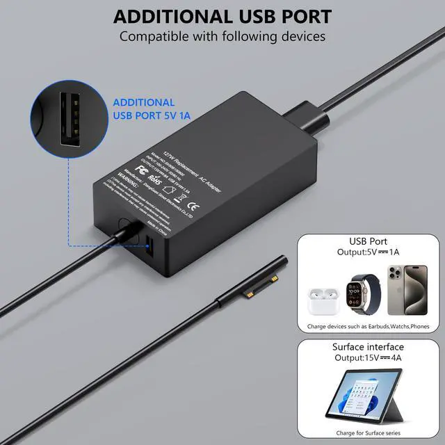 Alt view image 3 of 5 - 127W Surface Book 3 Laptop Charger Compatible with 102W Microsoft Book 1,2,Laptop Studio 1,Windows Laptop Pro Go,Support 44W,36W 65W LED,10FT Power Cord