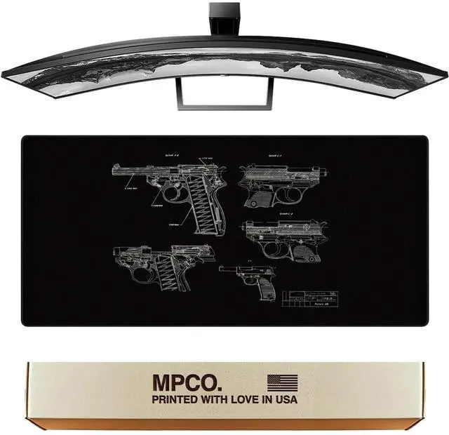 Main image of MPCO. Blueprints Large Gaming Desk Pad - 36" x 17" Duraglyde Fabric Pistol 38  Black Desk Mats - Non-Slip, Washable, Smooth Glide for Precision Gaming & Work