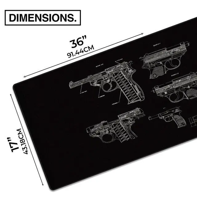 Alt view image 2 of 5 - MPCO. Blueprints Large Gaming Desk Pad - 36" x 17" Duraglyde Fabric Pistol 38  Black Desk Mats - Non-Slip, Washable, Smooth Glide for Precision Gaming & Work