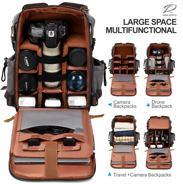 Alt view image 3 of 5 - Padwa Lifestyle Gray Camera Backpack - Professional DSLR & UAV Camera Bag,Anti Theft Canvas Camera Backpack with Rain Cover,Large Capacity Photography Travel Camera Bag with Multi Compartments