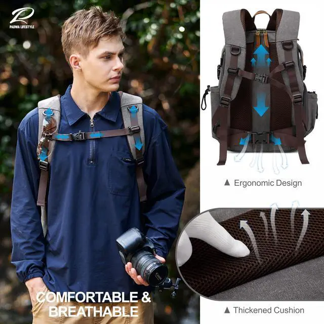 Alt view image 4 of 5 - Padwa Lifestyle Gray Camera Backpack - Professional DSLR & UAV Camera Bag,Anti Theft Canvas Camera Backpack with Rain Cover,Large Capacity Photography Travel Camera Bag with Multi Compartments