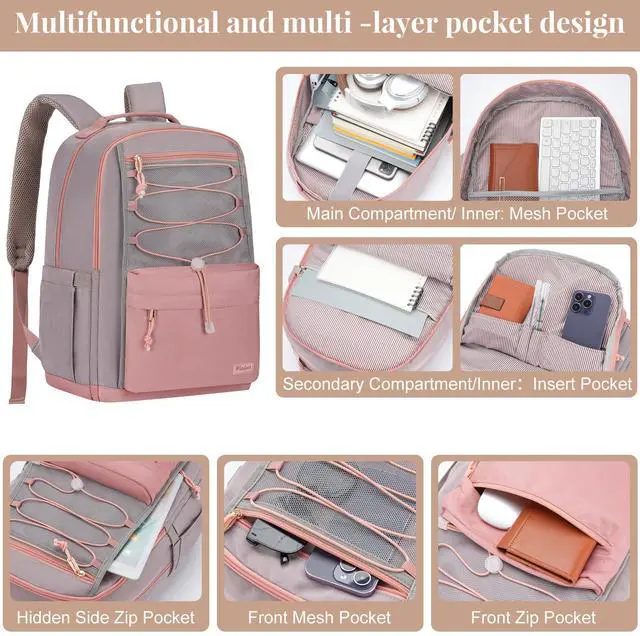 Alt view image 2 of 5 - WINDARS School Backpack for Teens Girls, Aesthetic College Backpack Large Bookbag for Women Students Fashion 15.6 Inch Laptop Bag for Work Travel (Pink & Grey)