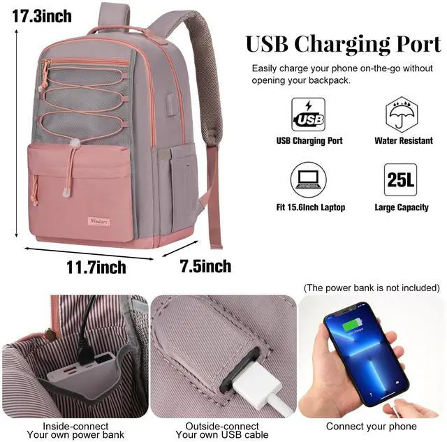 Alt view image 4 of 5 - WINDARS School Backpack for Teens Girls, Aesthetic College Backpack Large Bookbag for Women Students Fashion 15.6 Inch Laptop Bag for Work Travel (Pink & Grey)