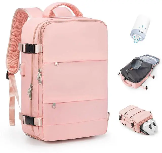 Main image of hapfoxx Vacuum Travel Backpack with Pump,Personal Item Carry on Backpacks Flight Approved 18x14x8 inches Men Women, Laptop Waterproof Work Compression bags hiking Casual Daypack 40L Luggage Pink