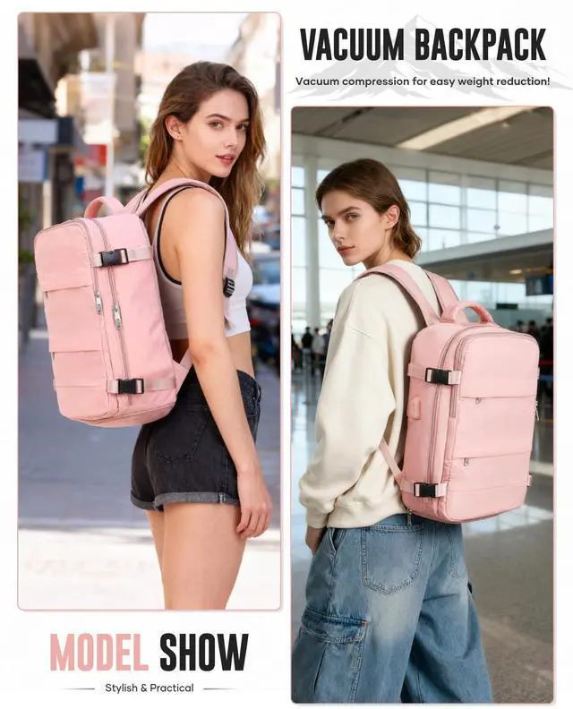 Alt view image 2 of 5 - hapfoxx Vacuum Travel Backpack with Pump,Personal Item Carry on Backpacks Flight Approved 18x14x8 inches Men Women, Laptop Waterproof Work Compression bags hiking Casual Daypack 40L Luggage Pink