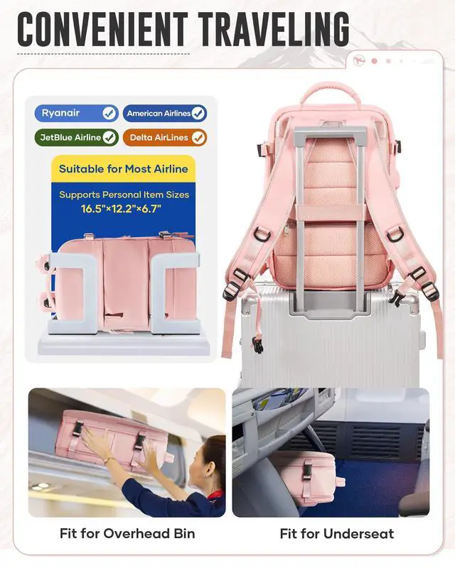 Alt view image 5 of 5 - hapfoxx Vacuum Travel Backpack with Pump,Personal Item Carry on Backpacks Flight Approved 18x14x8 inches Men Women, Laptop Waterproof Work Compression bags hiking Casual Daypack 40L Luggage Pink