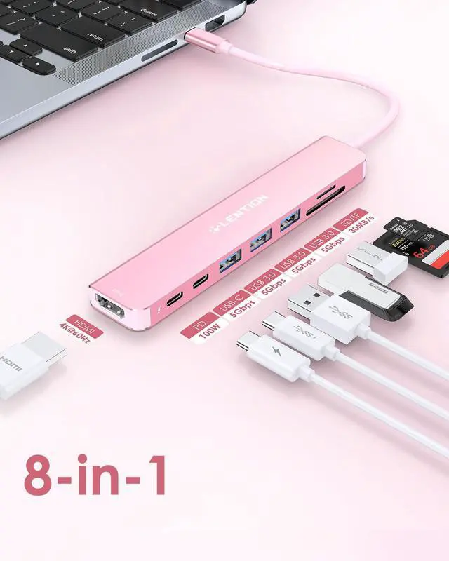 Alt view image 2 of 5 - LENTION 8-in-1 USB-C Hub with 4K 60Hz HDMI, 100W Power Delivery, 5Gbps USB C Data, 3 USB 3.0 and microSD & SD Card Reader for 2023-2016 MacBook Pro, New Mac Air/Surface, More (CB-CE18s, Rose Gold)
