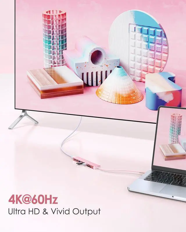 Alt view image 3 of 5 - LENTION 8-in-1 USB-C Hub with 4K 60Hz HDMI, 100W Power Delivery, 5Gbps USB C Data, 3 USB 3.0 and microSD & SD Card Reader for 2023-2016 MacBook Pro, New Mac Air/Surface, More (CB-CE18s, Rose Gold)