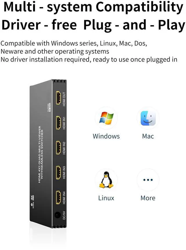 Alt view image 2 of 5 - Biaze 4K HDMI Splitter 4x1, 4-in-1 Output HDMI Splitter with Remote Control and Power Adapter, Ultra HD 1080P/3D/4K@30Hz, 4 Split-Screen Modes for PS5, Fire TV, and Monitors (4 Inputs, 1 Output)