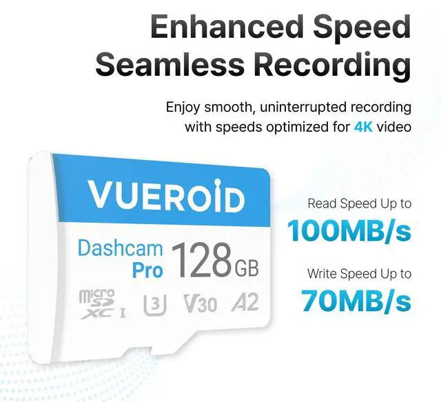 Alt view image 3 of 5 - Vueroid 128GB Dashcam Pro microSD Card with Reader Adapter, C10, V30, UHS-I, Class 10, A1, High Speed Memory Card for 4K UHD Video, Read Speed up to 100 MB/s microsdxc