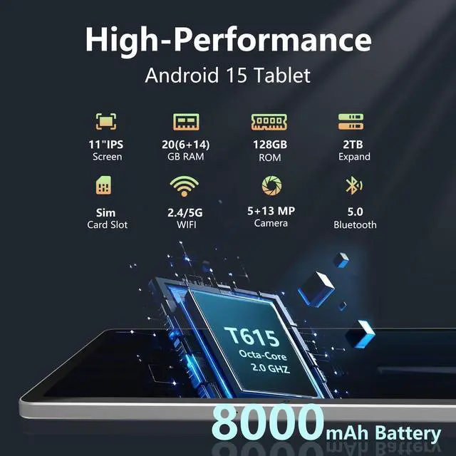 Alt view image 2 of 5 - 11 inch Android 15 Tablet, 20GB RAM 128GB ROM , 2TB Expand, 2.4G&5G WiFi+Cellular, Octa-Core, 8000mAh, 5MP+13MP Dual Camera,T-Mobile SIM Card Support, Tableta with Keyboard , Case, Mouse, Stylus
