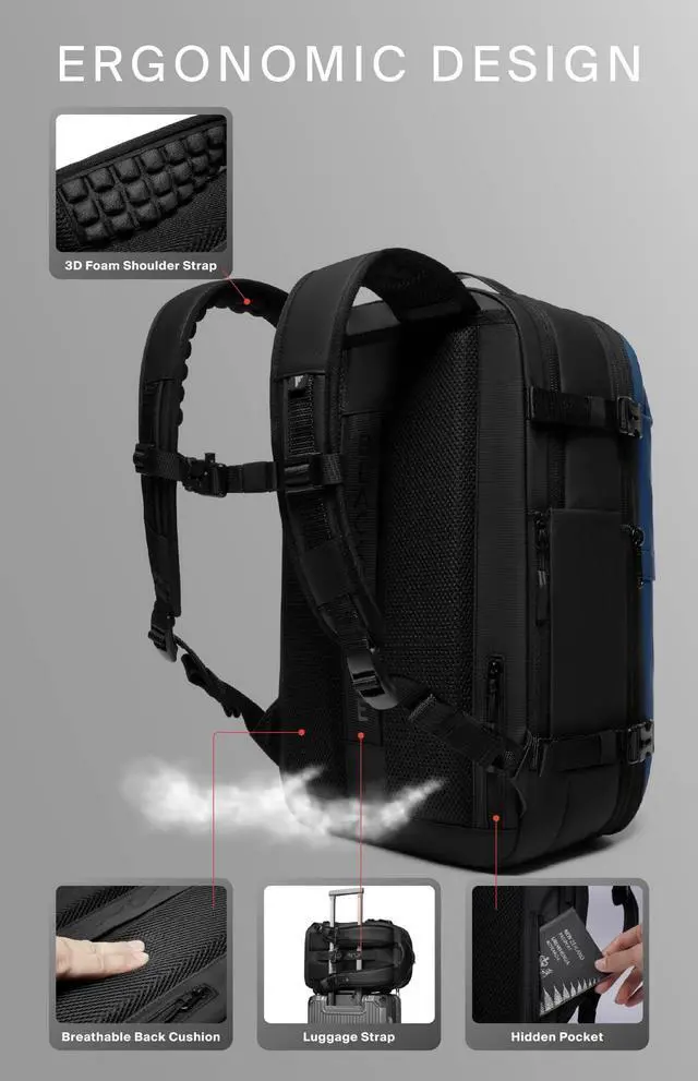 Alt view image 3 of 4 - Vortex Vacuum Seal Travel Backpack 60L Expandable Air Compression System Water Resistant TSA Lock Carry-On Suitcase Luggage Blue AERO OG - Air Pump Included