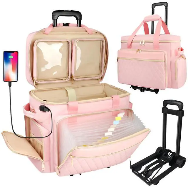 Main image of SIYNPAV Rolling Teacher Bag with Accordion File Organizer, USB Port& 15.6 Inch Laptop Compartment, Wheeled Teacher Tote Bag with Detachable Trolley for Teaching& Office Supplies Storage (Pink)