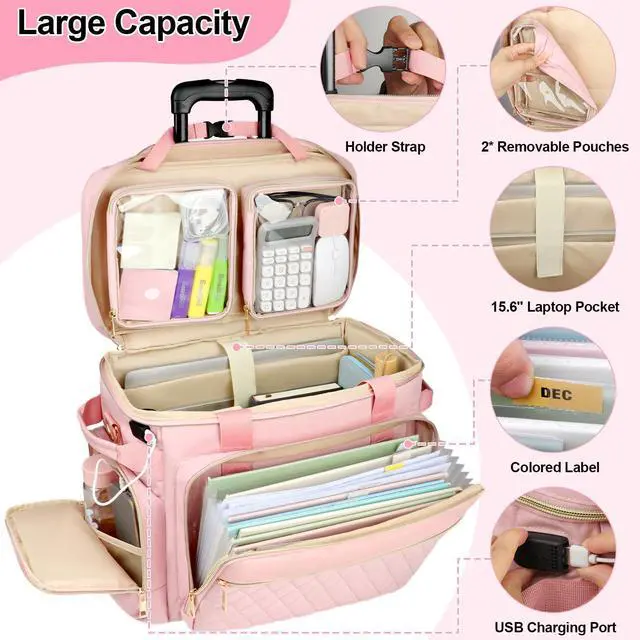 Alt view image 3 of 5 - SIYNPAV Rolling Teacher Bag with Accordion File Organizer, USB Port& 15.6 Inch Laptop Compartment, Wheeled Teacher Tote Bag with Detachable Trolley for Teaching& Office Supplies Storage (Pink)