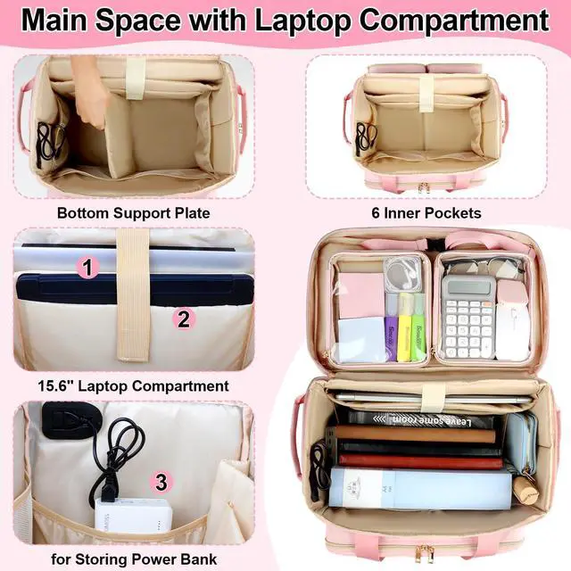 Alt view image 4 of 5 - SIYNPAV Rolling Teacher Bag with Accordion File Organizer, USB Port& 15.6 Inch Laptop Compartment, Wheeled Teacher Tote Bag with Detachable Trolley for Teaching& Office Supplies Storage (Pink)