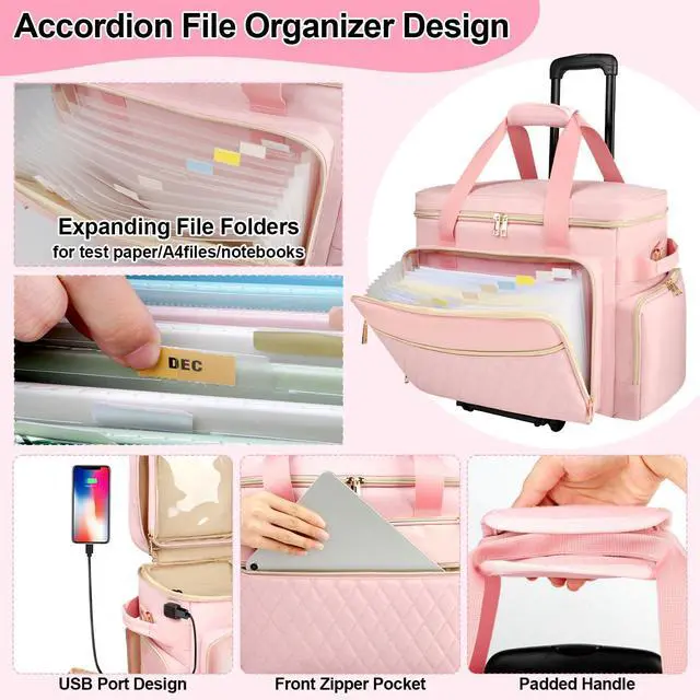 Alt view image 5 of 5 - SIYNPAV Rolling Teacher Bag with Accordion File Organizer, USB Port& 15.6 Inch Laptop Compartment, Wheeled Teacher Tote Bag with Detachable Trolley for Teaching& Office Supplies Storage (Pink)