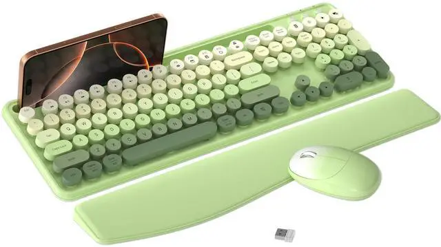 Main image of MPTOG Colorful Wireless Computer Keyboard and Mouse Combo with Phone Holder, Wrist Rest, Typewriter Keys, 2.4GHz Wireless, Full-Sized Optical Mouse for PC and Laptop(Green Colorful)